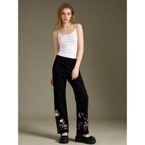 NWOT Johnny Was Embroidered Paris Baby Boot Legging Pants Pull on Black Sz S